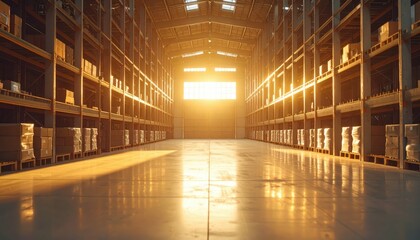 Poster - Minimalist Interior of Grain Silo with Pallet Racking at Golden Hour