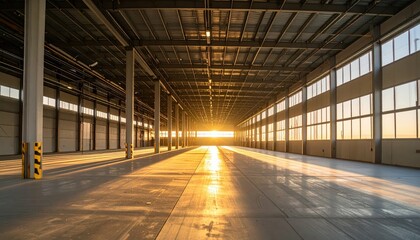 Poster - Interior of Minimalist Silo with Pallet Racking at Golden Hour