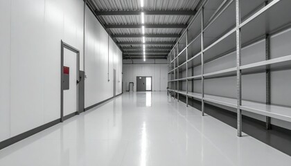 Poster - Minimalist Interior View of Empty Silo with Reflective Floors and Shelving