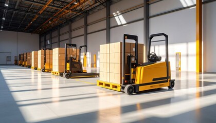 Poster - Minimalist Warehouse Interior with Pallet Jacks and Dramatic Shadows
