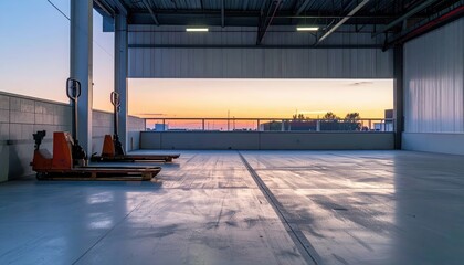 Poster - Minimalist Warehouse Mezzanine at Dusk with Pallet Jacks Present