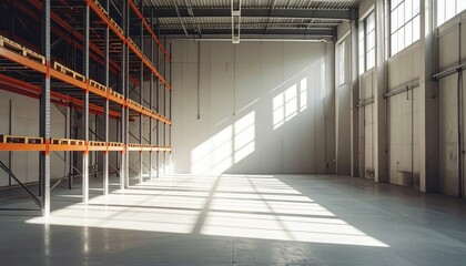 Poster - Dramatic Shadows in a Minimalist Warehouse with Pallet Racking