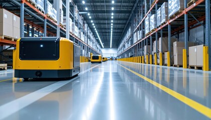 Poster - Modern Automated Warehouse with Guided Vehicles and Reflective Floor