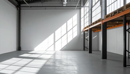 Poster - Minimalist Warehouse Interior with Mezzanine and Dramatic Shadows