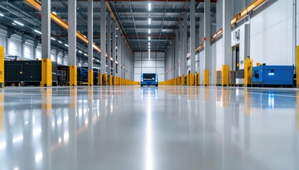 Poster - Modern Automated Warehouse with Guided Vehicles and Reflective Floor