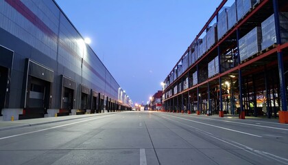 Poster - Modern Cargo Warehouse with Shelving Units at Dusk, No People Present