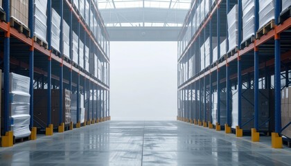 Poster - Modern Cargo Warehouse with Shelving Units and Rolling Fog