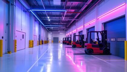 Poster - Modern Cold Storage Facility with Forklifts and Neon Accents