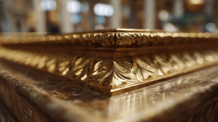 Aufkleber - Close-up of a gold picture frame corner reveals intricate textures and patterns, with a soft focus on the right and ample copy space on the left for design purposes