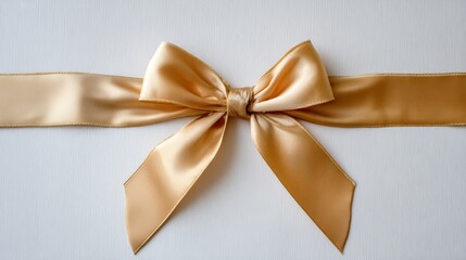 Poster - Centered golden ribbon bow sits elegantly against a white background, showcasing its smooth texture and soft shadows, perfect for gift styling and decoration ideas