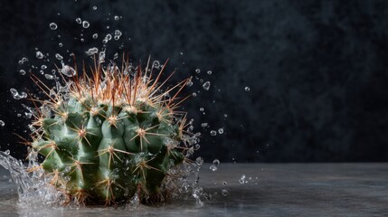 Aufkleber - A cactus stands boldly as water splashes around it, capturing an innovative blend of desert life and aquatic dynamics, showcasing resilience in an unexpected moment