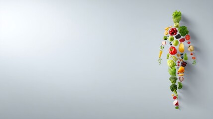 Poster - A top-down view showcases a human body outline made up of colorful fruits and vegetables, highlighting healthy choices against a white backdrop
