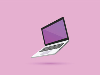 Fototapete - Laptop while levitating in the air on a Light Pink background