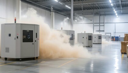 Poster - Modern Logistics Hub with Packaging Machines Amid Swirling Dust