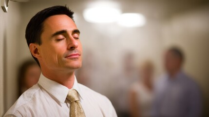 Poster - A man with closed eyes experiences tranquility as mist settles on his face, conveying a sense of calm and rejuvenation in a serene setting