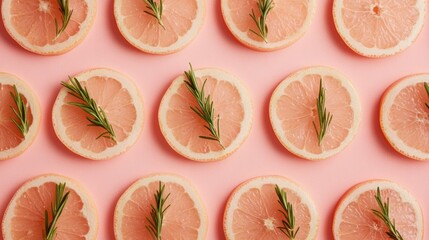 Poster - Flat lay of grapefruit slices and rosemary sprigs arranged on a pink background.