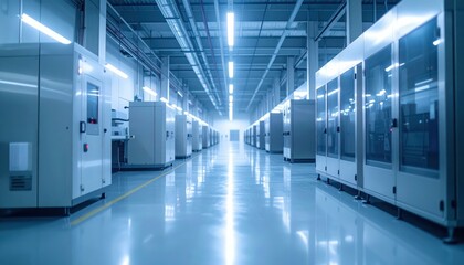 Poster - Modern Refrigerated Warehouse with Packaging Machines in Ambient Light