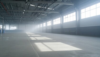 Poster - Modern Industrial Warehouse Mezzanine with Misty Lighting Atmosphere