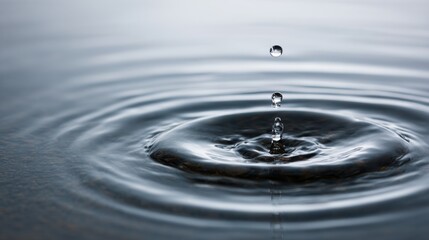 Poster - Droplets fall gracefully onto a still surface, generating beautiful circular ripples under soft natural light, with ample space for text on the left side