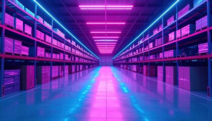 Poster - Neon Lit Cargo Warehouse with Fluorescent Lighting and Shelving Units