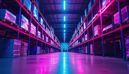 Poster - Neon Lit Warehouse with Shelving Units Under Fluorescent Lights