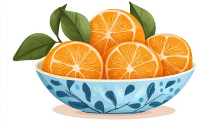 Poster - Juicy orange slices in a decorative bowl with green leaves.