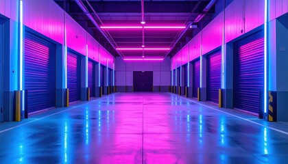 Poster - Neon Lit Cold Storage Docks with Vibrant Accents in Modern Space