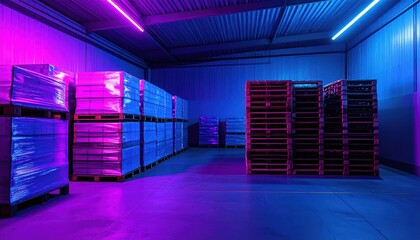 Poster - Neon Lit Cold Storage with Stacked Pallets and Dramatic Shadows