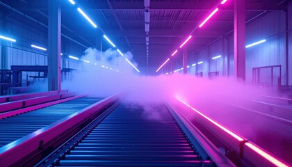 Poster - Neon Lit Distribution Center with Conveyor Belts and Rolling Fog