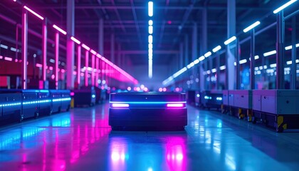 Poster - Neon-Lit Fulfillment Center with Robotic Pickers Operating at Night
