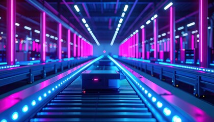 Poster - Neon Lit Fulfillment Center with Robotic Pickers at Night