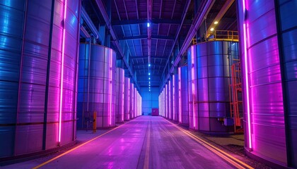 Poster - Neon-Lit Grain Silo Interior with Automated Guided Vehicles Under Lights