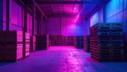 Poster - Neon Lit Interior of Grain Silo with Stacked Pallets and Shadows