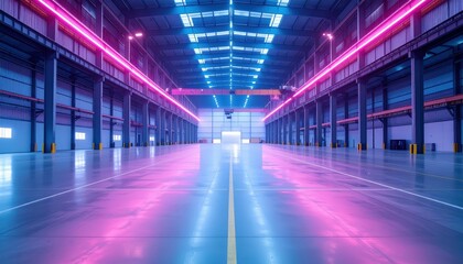 Poster - Neon-Lit High Bay Warehouse with Overhead Cranes in Soft Morning Light
