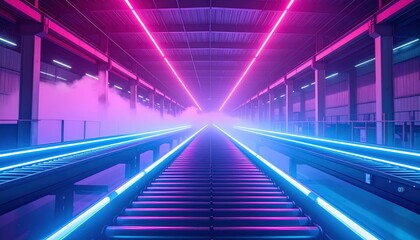 Poster - Neon Lit High Bay Warehouse with Conveyor Belts and Rolling Fog