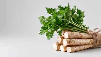 Aufkleber - A bundle of fresh parsnips with vibrant green tops showcases the essence of wholesome cooking. Perfect for highlighting nutrition and culinary creativity