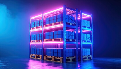 Poster - Neon Lit Pallet Racking System in Misty Atmosphere Without People