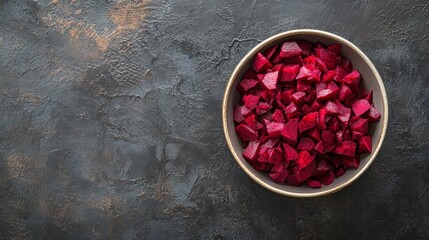 Poster - Bowl of diced cooked beetroot on dark background. (1)