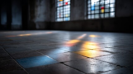 Aufkleber - Sunlight streams through a colorful mosaic window, creating an array of vivid hues on a stone floor, enhancing the atmosphere of the room