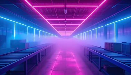 Poster - Neon-Lit Warehouse Mezzanine with Packing Stations in Misty Atmosphere