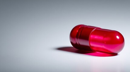 Poster - A close-up macro shot features a single red capsule on a white matte surface, highlighting its smooth texture and strong shadows with empty space on one side