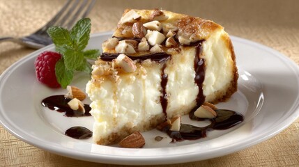 Poster - A close-up view of a rich cheesecake slice drizzled with chocolate and adorned with nuts, placed on a clean white plate under soft lighting
