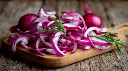 Poster - Close-up of vibrant chopped red onion and green stems on a wooden cutting board, capturing fresh textures and colors in a warmly lit kitchen setting