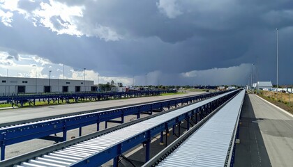 Poster - Organized Logistics Hub with Conveyor Belts Under Stormy Skies