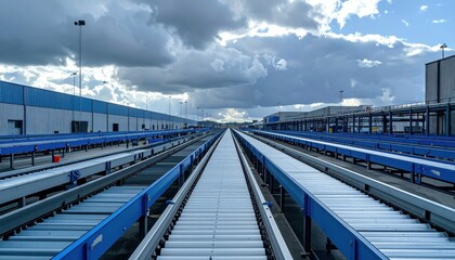 Poster - Organized Logistics Hub with Conveyor Belts Under Stormy Skies