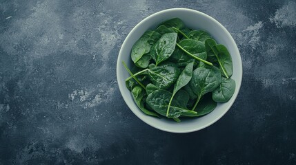 Poster - Fresh spinach leaves in a white bowl on a dark background.