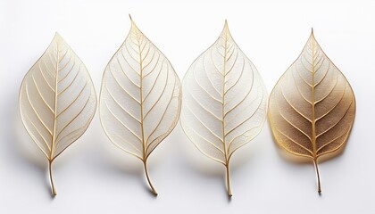 Poster - transparent gold skeleton leaves on white background for elegant nature-inspired web design, branding, or minimalist print decor

