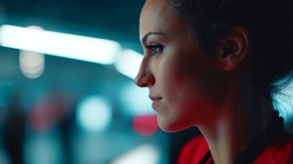 Poster - A dedicated female coder examines complex data streams in a cutting-edge tech lab, surrounded by holographic interfaces and luminous visuals