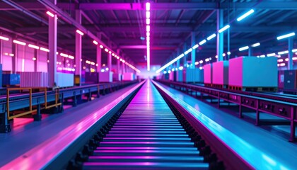 Poster - Organized Shipping Depot with Conveyor Belts under Neon Accents