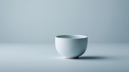 Poster - Close-up of a white ceramic bowl centered on a clean white background, featuring soft shadows that create depth and provide space for text or design elements